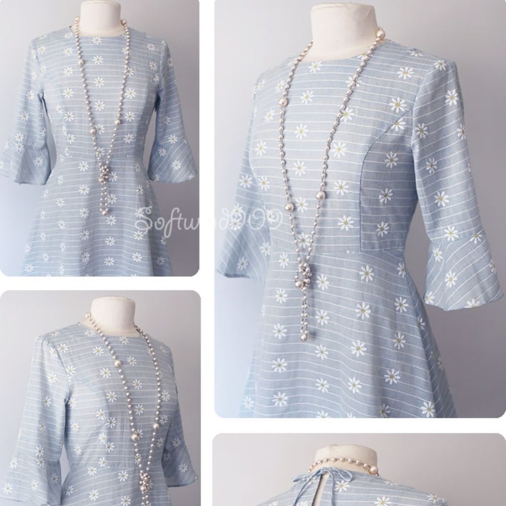 Light Blue Daisy Floral Bow Back 100% Cotton Dress - Picture 3 of 8